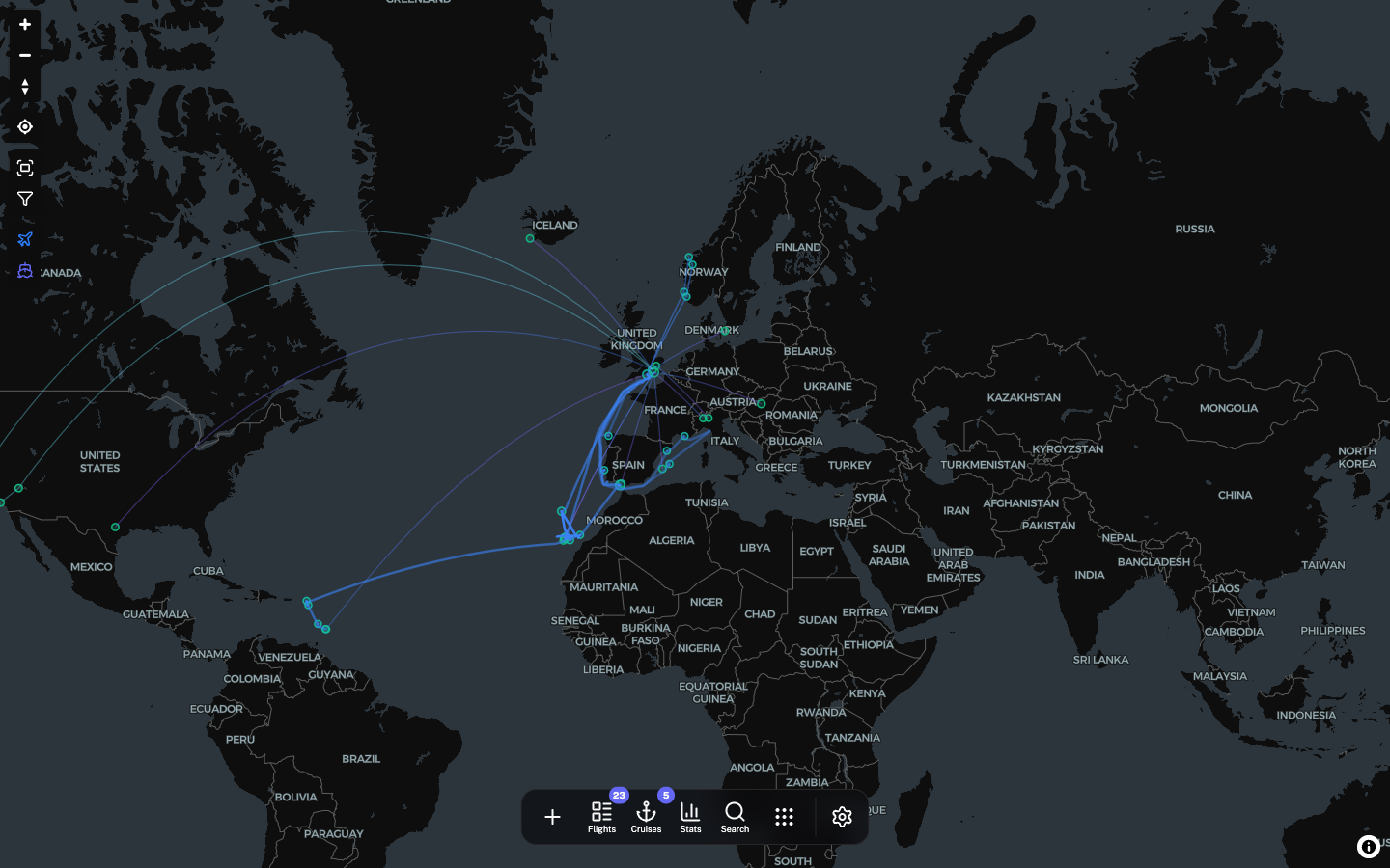 VoyageTrail map showing cruise routes across Europe, the Mediterranean, Caribbean and Norway with flight arcs — dark mode